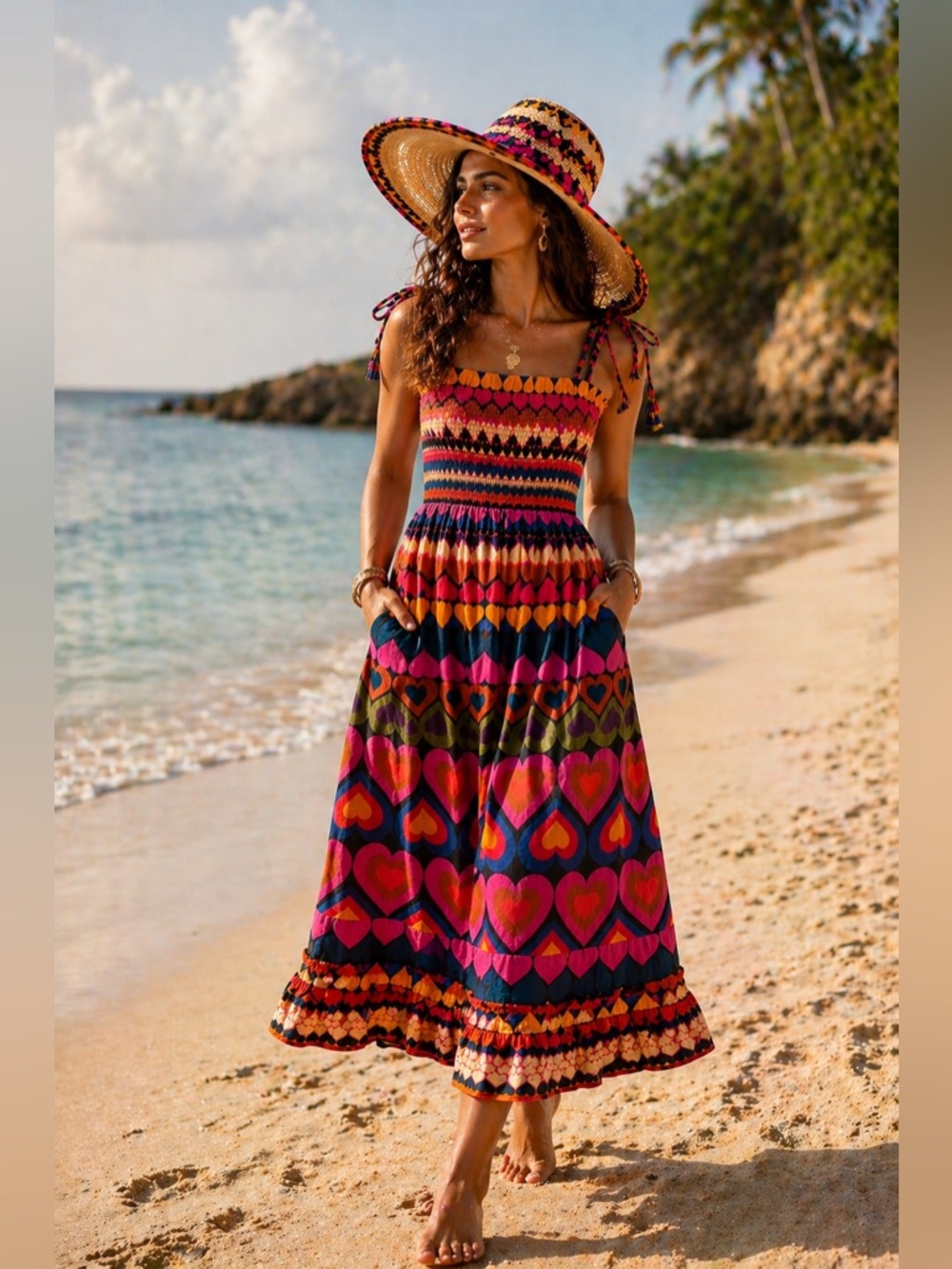 Farm Rio by Anthropologie
Smocked Midi Dress Colorful
Hearts Boho Tie Strap Sz S